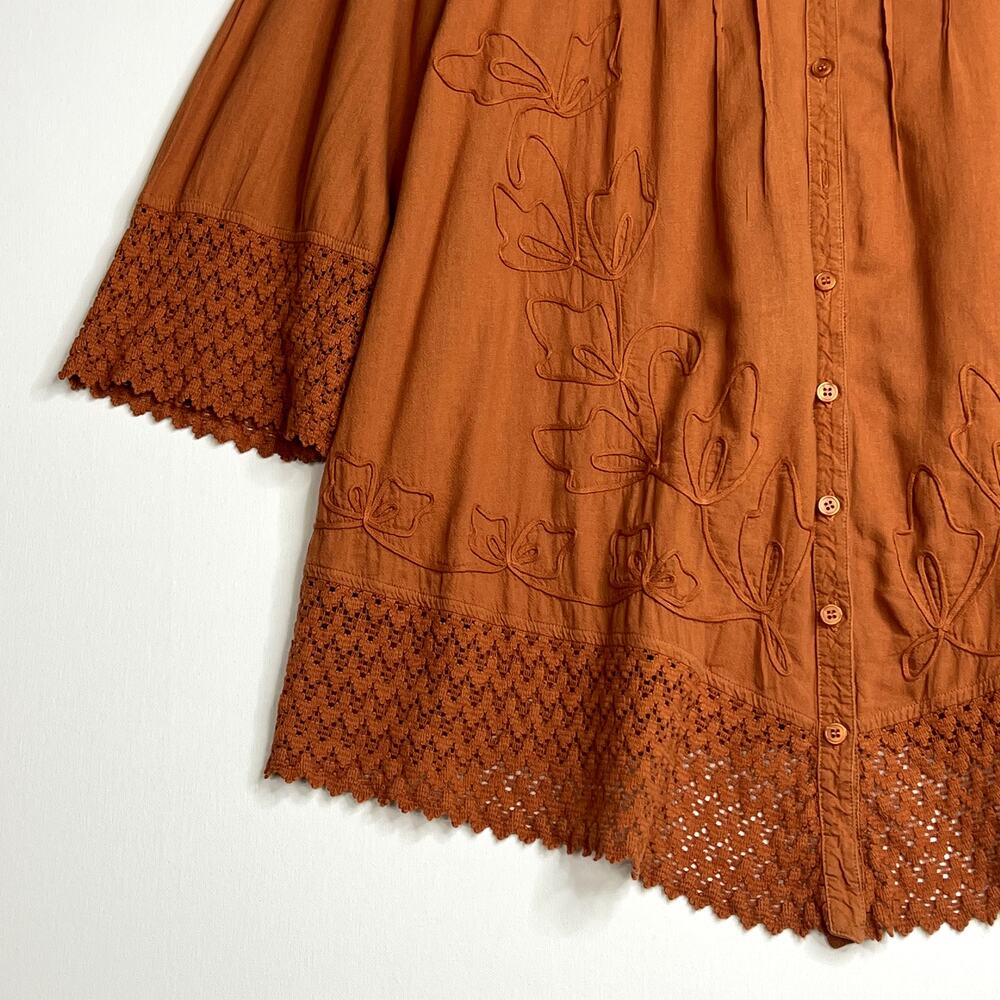 Gretty Zueger 3/4 Sleeve Royal Button Down Cotton Tunic Top Terracota Large - Picture 3 of 9